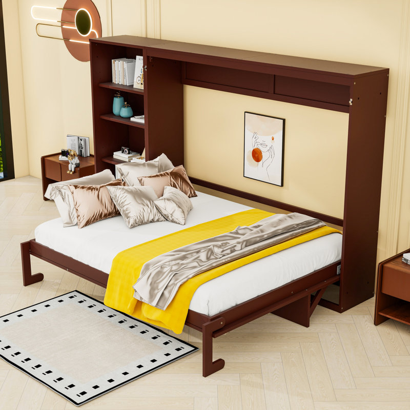 Grand lit escamotable avec rangement réglable, tablette et tiroir - Lit escamotable mural peu encombrant pour petites pièces, noyer