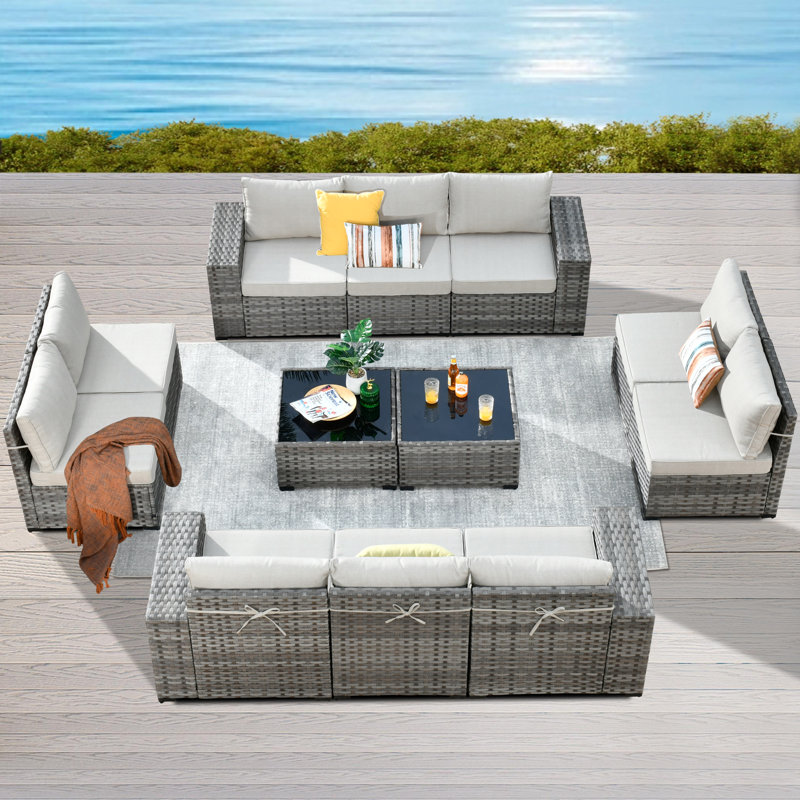 Wood Premium All-Weather Wicker 10 - Person Patio Conversation Set with Cushions, Beige
