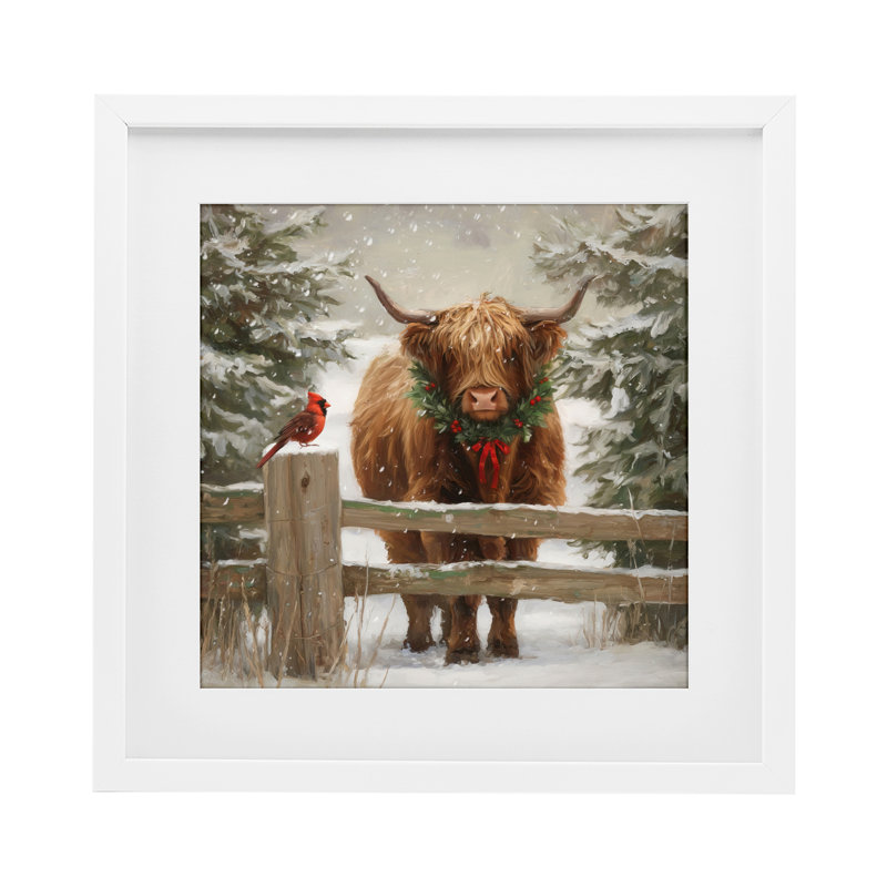 Vache de Noël et cardinal, reproduction sous verre, conception de Tina LeCour, H 16 po x l 16 po, Cadre blanc côtier