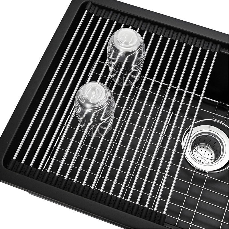 Évier à quartz simple encastré en composite de 30 pouces, en composite noir, réduit les éclaboussures et aide à l'efficacité de la cuisine en granit non poreux, idéal pour les espaces compacts