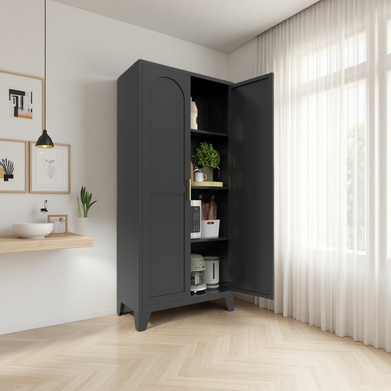 Shapely Doors Cabinet, Metal Storage Cabinet With Doors And Adjustable Shelves, For Bedroom, Living Room, Kitchen, Black