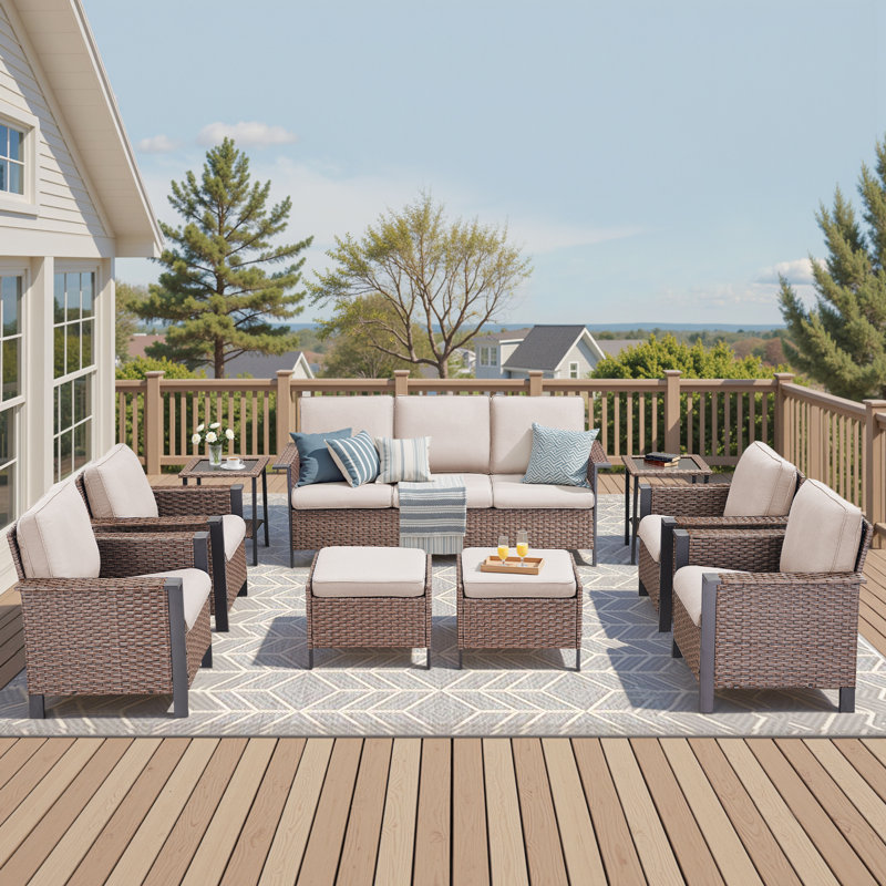 Coady 9 - Pieces Outdoor Courtyard Wicker Family Conversation Set Group With 4 Armchairs, Beige, Brown
