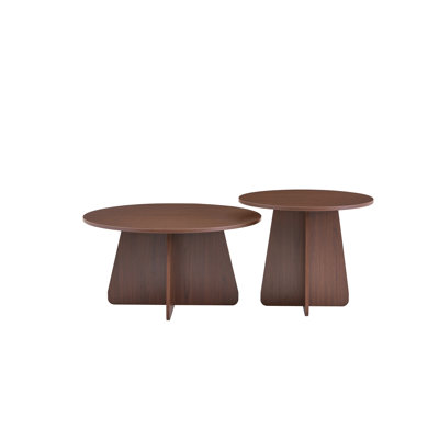 Ensemble de tables basses gigognes de style rétro. Disponible en finition noyer ou bois naturel. Tables d'appoint rondes avec pieds croisés. Idéal pour les salons et les salles à manger.