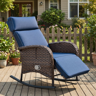 Outdoor Poolside Wicker Rocking Recliner Single Chair With Adjustable Backrest And Cushions