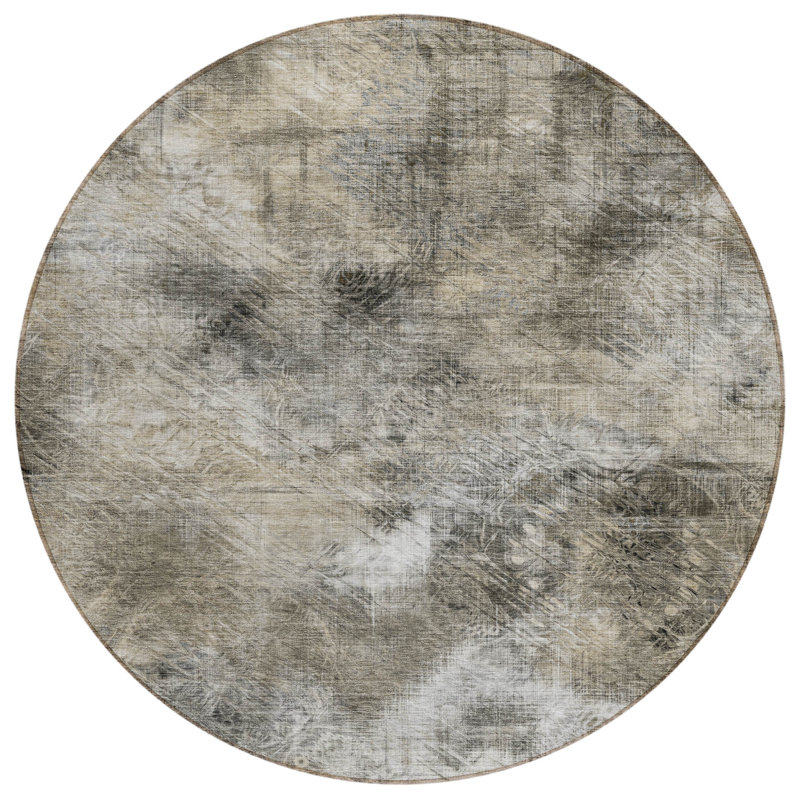 Tapis extérieur rond lavable abstrait taupe et gris 8 pi beige