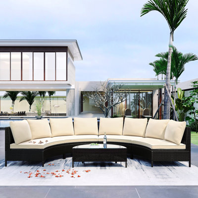 Topmax 5 Pieces All-Weather Brown PE Rattan Wicker Sofa Set Outdoor Patio Sectional Furniture Set Half-Moon Sofa Set With Tempered Glass Table, Beige