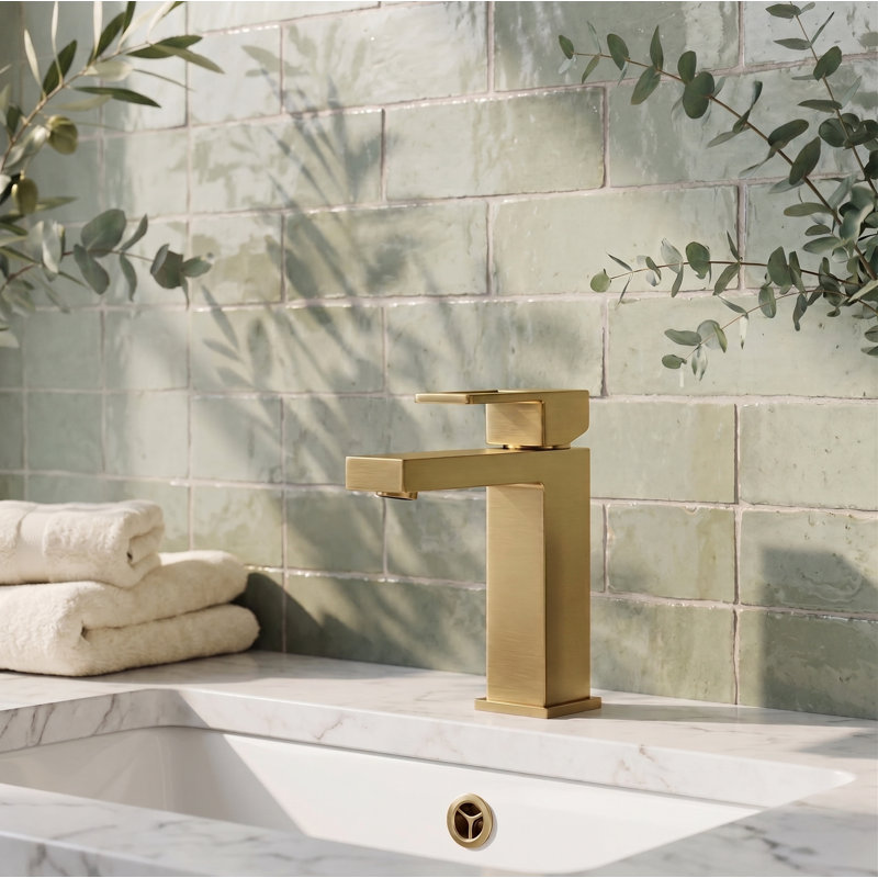 Cubic Single Hole Bathroom Faucet with Optional Drain Assembly, Brushed Brass, Drain Assembly Included