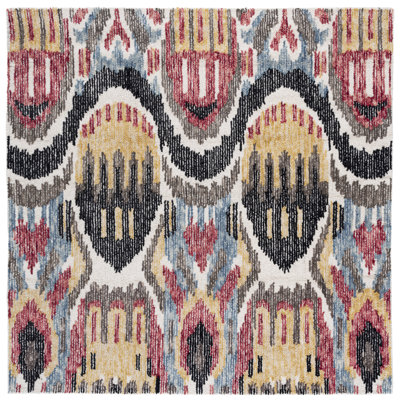 Tapis noir / rouge en laine / coton touffeté à la main Ikat 152