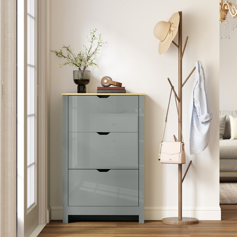 18 Pair Shoe Storage Cabinet, Gray/Natural Wood