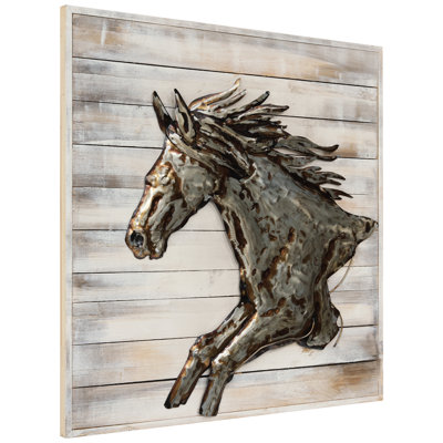 Golden Horse - Sculpture en métal sans cadre sur bois