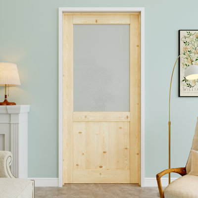 36" x 80" Half-Lite Pine Wood & Frosted Glass Interior Prehung Door with Black Hinges, Privacy Glass Door Slab, Paintable & Waterproof, Suit for Laundry, Closet Doors, Room Doors, Left Hand