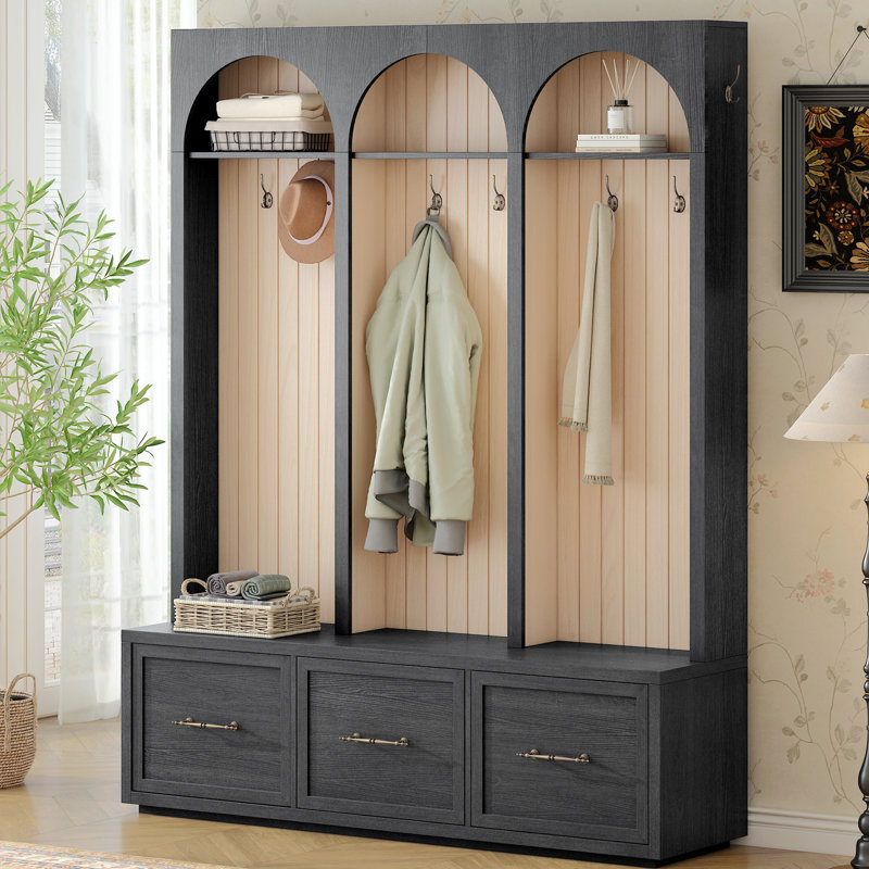 74.8" H 3-In-1 Hall Tree With Bench, Farmhouse Bench With 8 Retro Hooks And 3 Drawers, Rustic Entryway Coat Rack For Hallway, Entryway, Living Room, Black