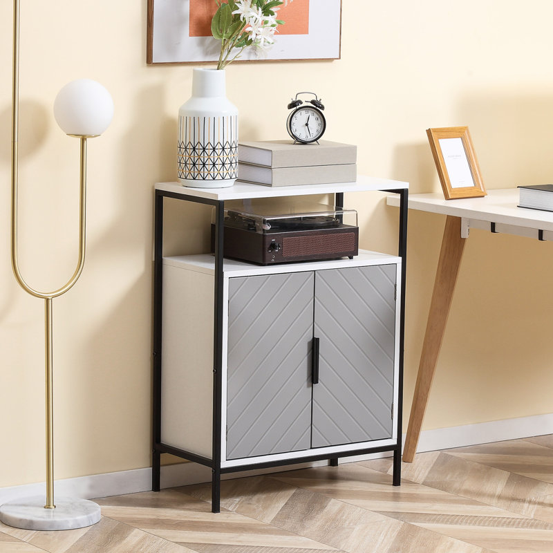Storage Cabinet with Open Shelf and Double Door Cupboard Accent Cabinet with Herringbone Panel and Steel Frame