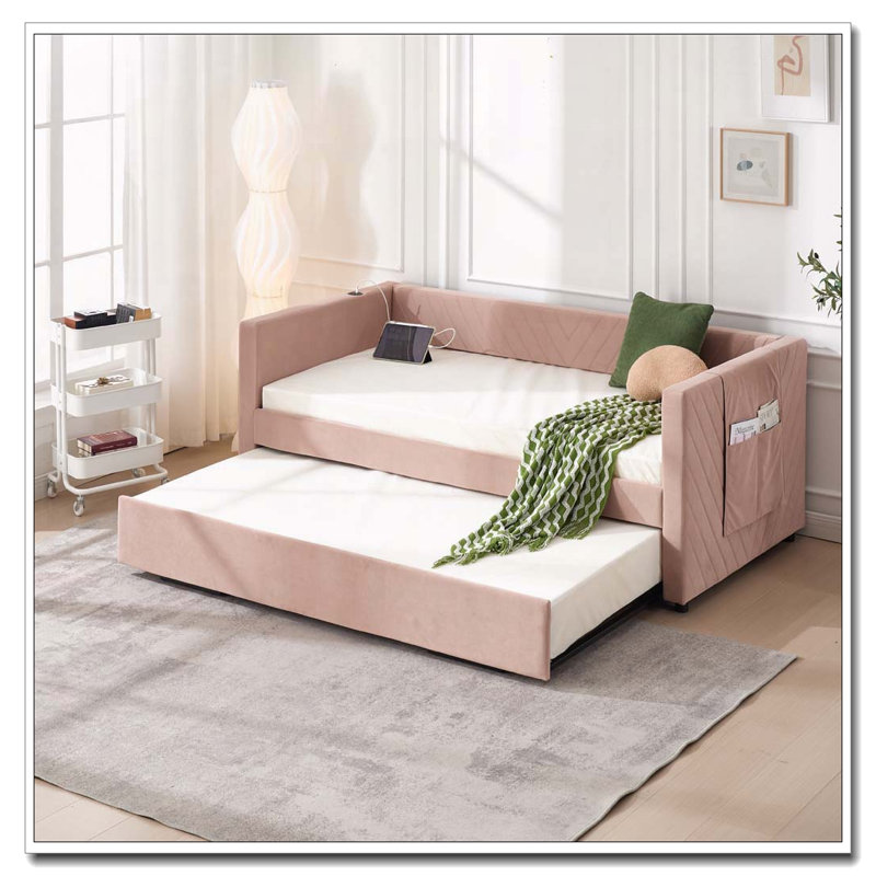 Upholstered Daybed with Trundle,USB Port ,Side Pockets, Pink