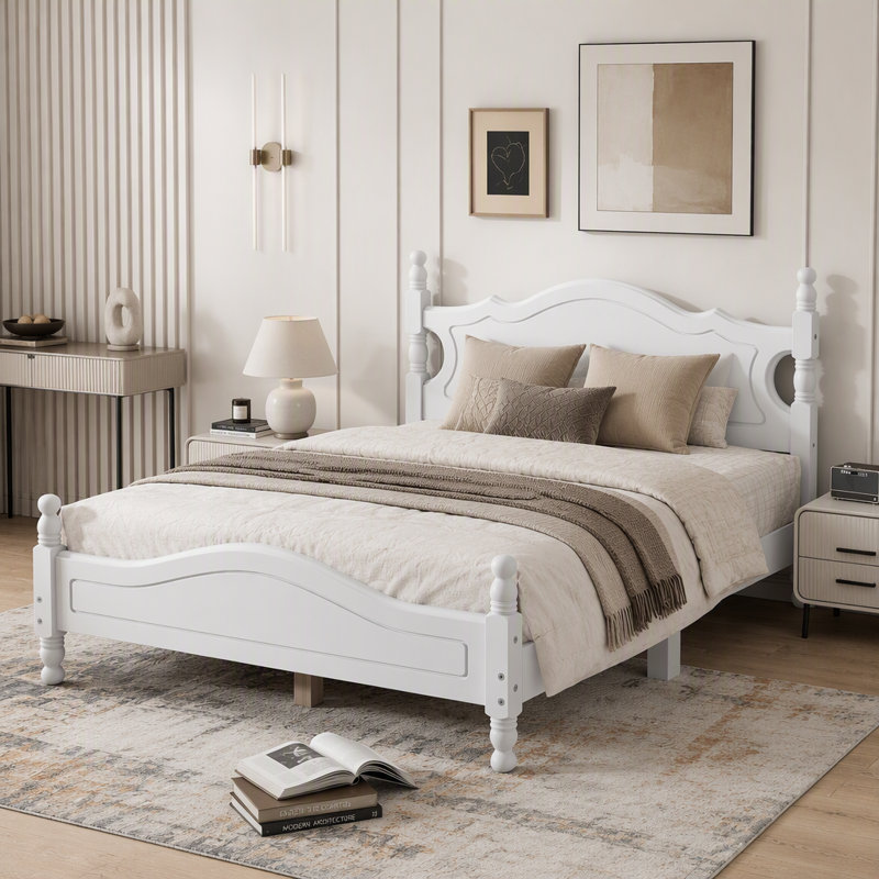 Cadre de lit plateforme en bois rétro, Blanc, Double