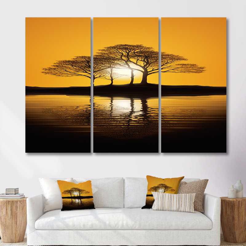 Coucher de soleil jaune à travers l'arbre noir - ensemble d'art mural chêne, Toile tendue, H 32 po x l 48 po x P 1 po