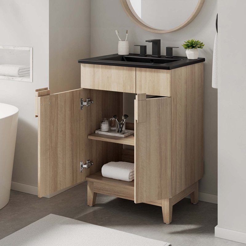 Modway Miles 24'' Free Standing Single Bathroom Vanity with Ceramic Top, Oak