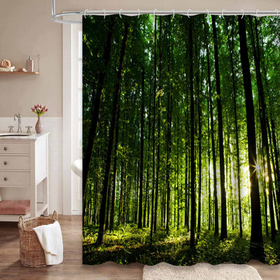 Beautiful Forest Environment Pine Green Shower Curtain with 12 Hooks