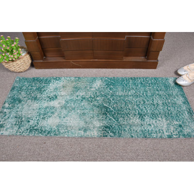 Tapis turc rétro en laine rétro vert anatolien pour petits espaces d'entrée