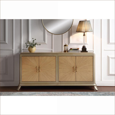 Armoires | Armoire de rangement à 4 portes console, motif soleil de chêne naturel, finition champagne brun taupe brun clair, bois d'ingénierie | Art déco | Couloir