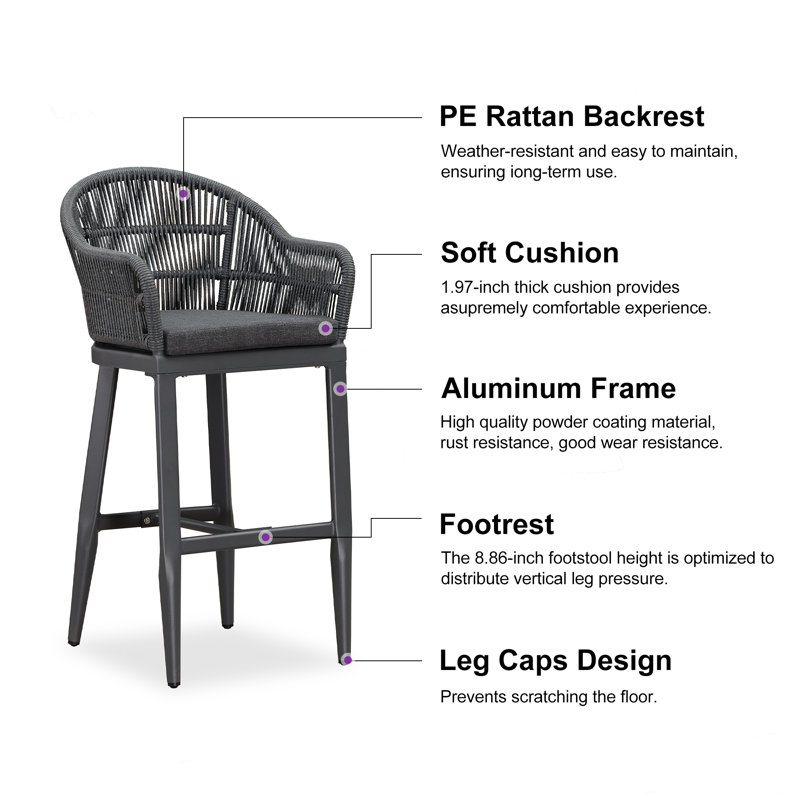 Tabourets de bar d'extérieur avec coussin moelleux imperméable Aleza, Gris, Gris