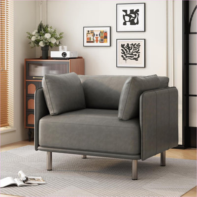 Fauteuil d'appoint 39 pouces rétro en similicuir noir, chaise longue à pieds en acier massif pour adultes, pour bureau de chambre à coucher