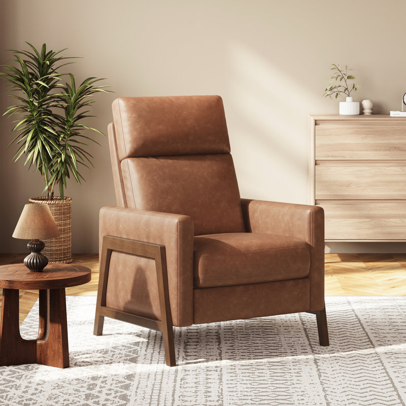 Mid-Century Modern Push-Back Recliner Chair, PU Leather Armchair, Brown