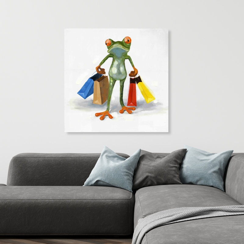 Drôle de grenouille avec sacs à provisions - Toile contemporaine