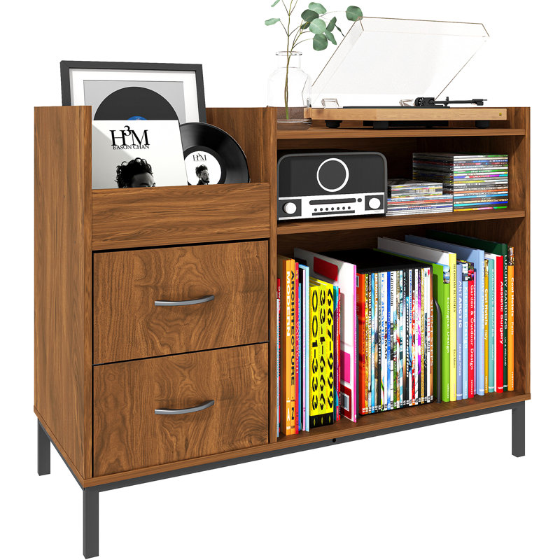 Large Record Player Stand, 350 Vinyl Record Storage Holder with Power Outlet and Drawers