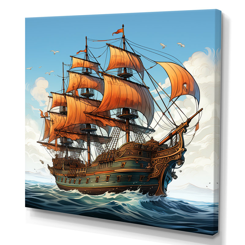 Dessin d'aventure, bateau pirate - Art mural, Toile tendue, H 16 po x l 16 po x P 1 po