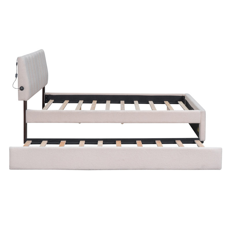 Grand lit plateforme tapissier Teddy, Beige, Lit double