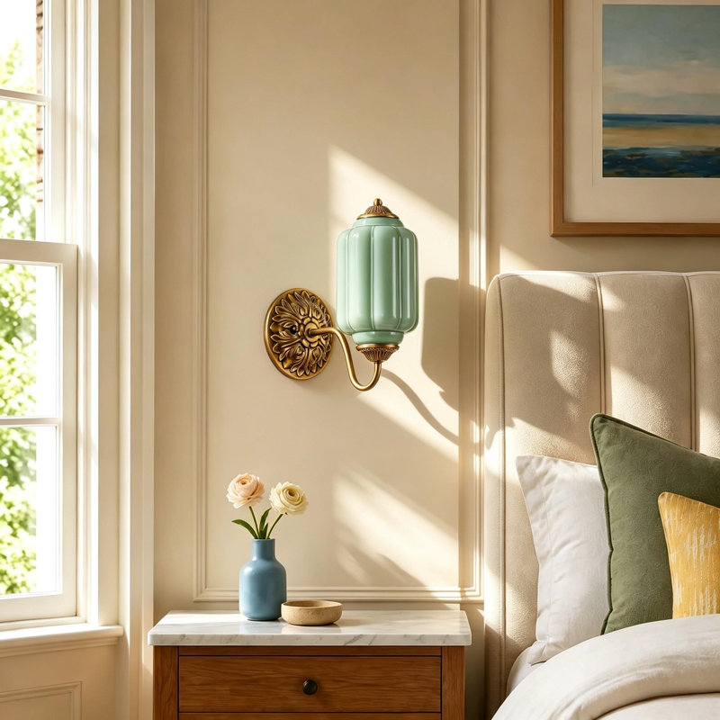 Applique murale à bras en laiton antique rétro à 1 lumière Glint pour chambre de couloir, Vert