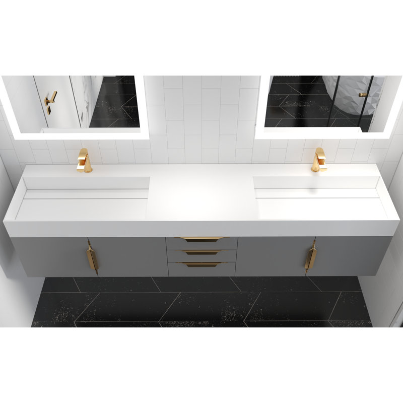 Meuble-lavabo double 84 po avec plateau Amazon, Or, Blanc, Gris