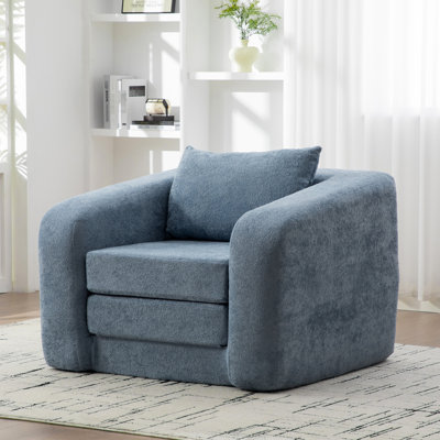 Lit en chenille bleu de 40 po, pliable et convertible, rembourrage en mousse haute densité, accoudoirs, coussin assorti, base imperméable antidérapante, lit simple convertible facile à déballer avec accoudoirs, nuage désossé