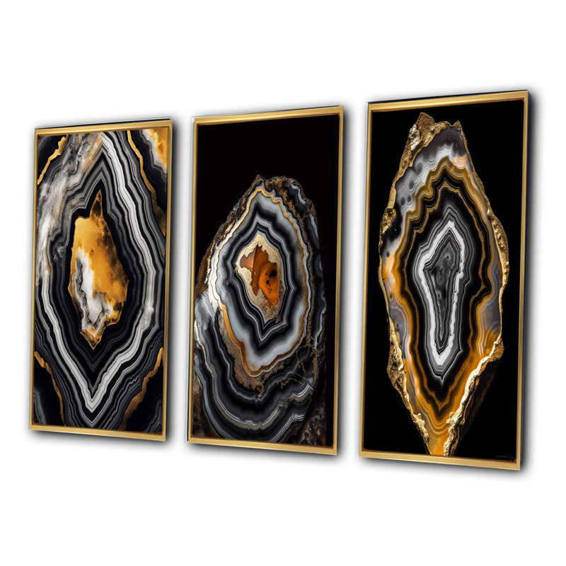 Glam Serenity Black Gold Agate - Abstract Shapes Art Set Of 3 Pieces, Encadrement doré, H 28 po x l 36 po