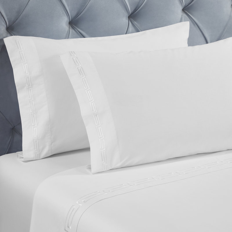 Harrison Cotton Greek Key Embroidered Deep Pocket Bed Sheet Set by Superior, Queen 4pc Set, White