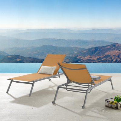 Cand 77.6" Long Metal Reclining  Armless Single Chaise Lounge with PVC-coated polyesterSling Seat and Wheels