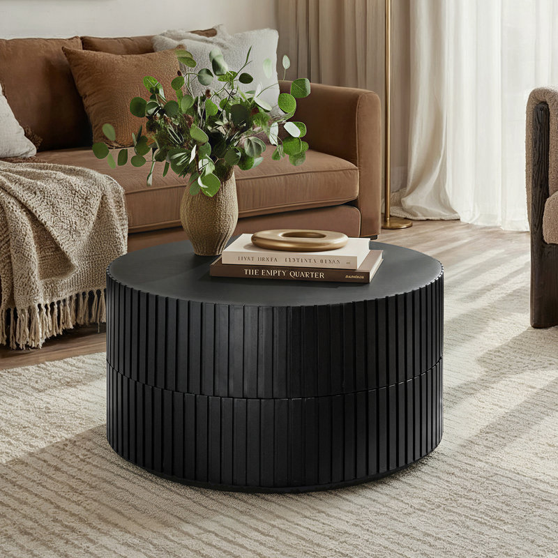 Jadida Gabriela Modern 27.8"W Fully Assembled Swivel-Top Fluted Round Coffee Table With Dual Rotating Surfaces, Black