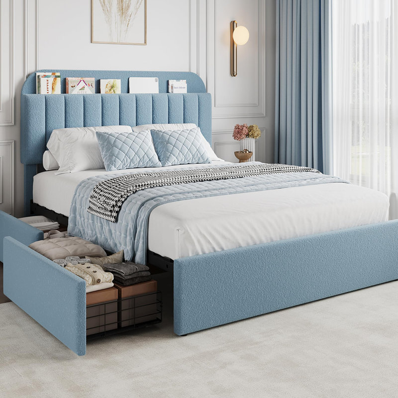 Full Bed Frame with 2 Flexible Drawers and Bookcase Headboard, Boucle Upholstered Platform Bed for Boys/Girls, Blue, Full