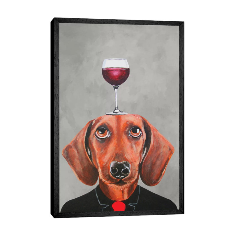 Dachshund With Wineglass by Coco De Paris - Painting on Canvas, 66.04 cm H x 45.72 cm W, Black Framed