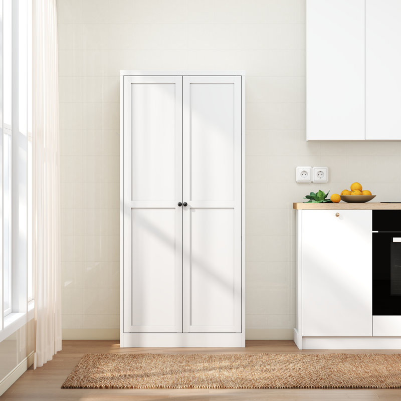 61" White Metal Kitchen Pantry Cabinet Adjustable Storage With 4 Shelves