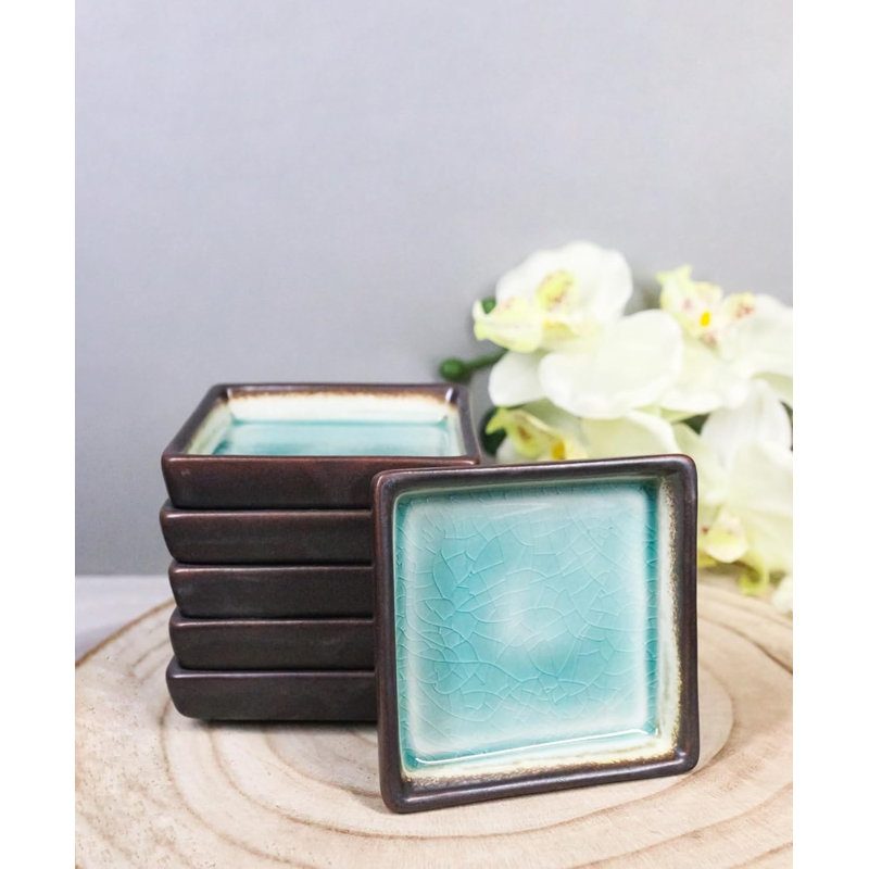 Ensemble de 6 assiettes à condiments carrées en céramique vert craquelé Midori Kannyu 2 oz, Vert