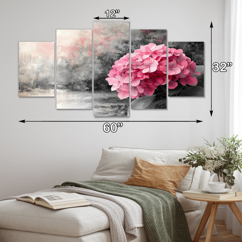Hortensia en lumière rétro II - décoration murale hydrangée - art mural traditionnel, H 32 po x l 60 po, 5