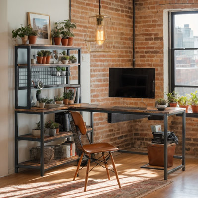 55" Reversible L-Shaped Desk with Wireless Charging, Computer Desk with Hutch