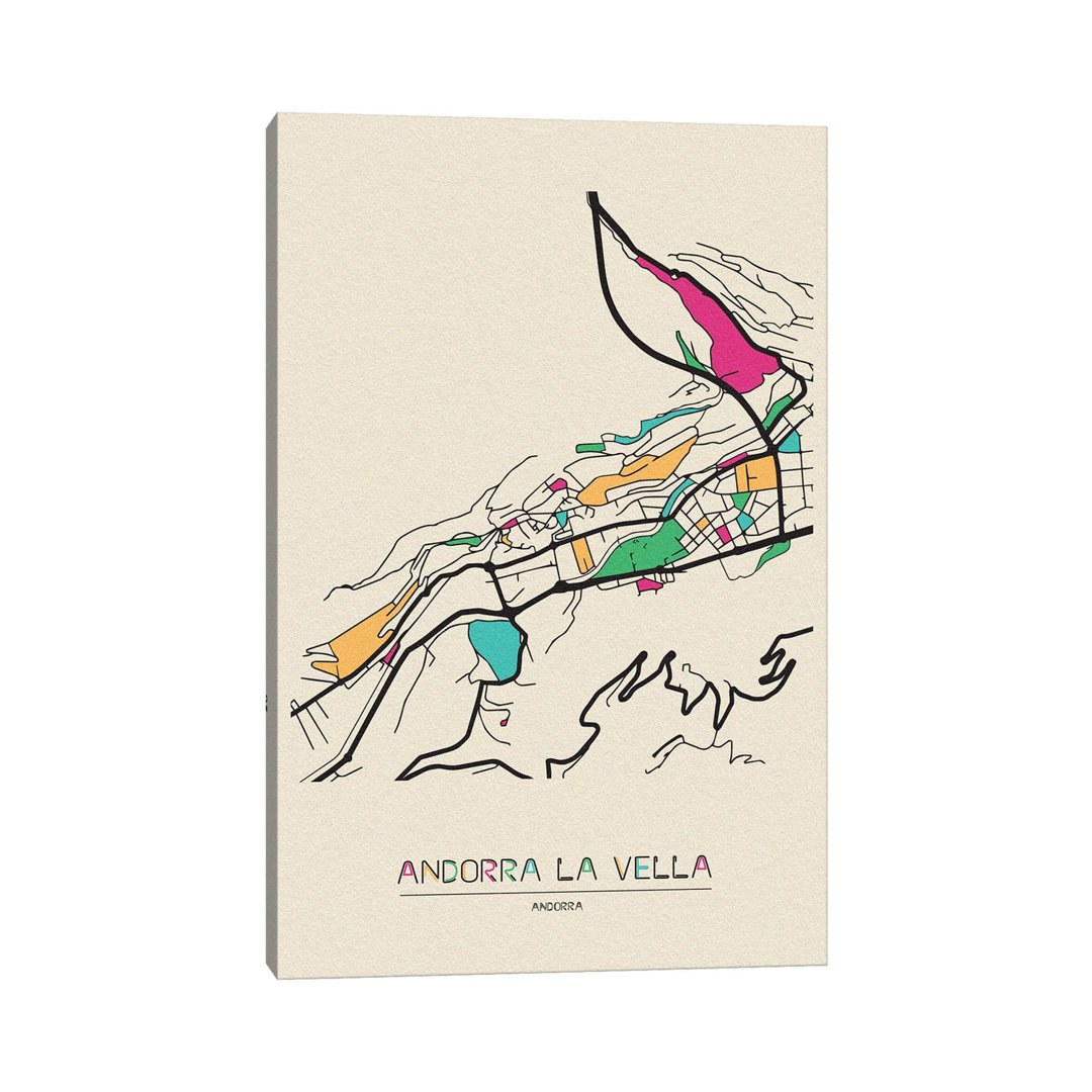 Andorra La Vella, Andorra Map by Ayse Deniz Akerman - Print on Canvas