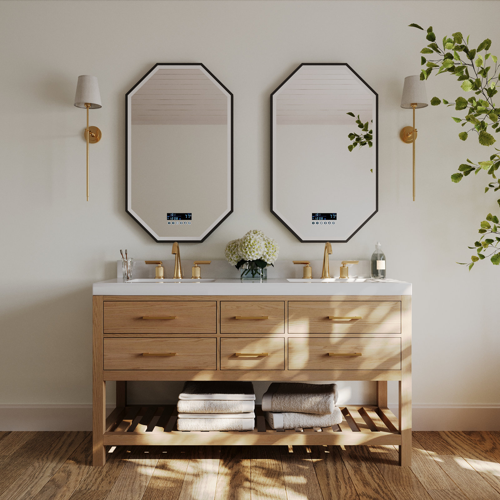 Carrie 60'' Double Bathroom Vanity, Oak/Rose Gold, Pure White Quartz