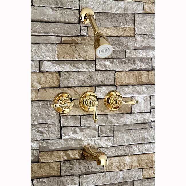 Kingston Brass Victorian Triple-Handle Tub and Shower Faucet, Polished Brass, Cross Handle
