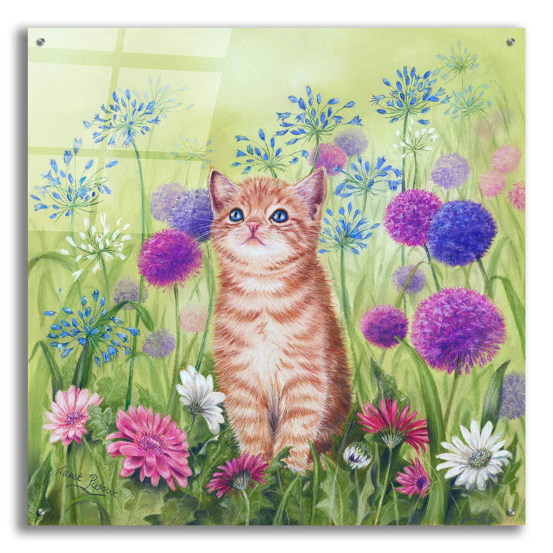 Red Barrel Studio® «Ginger Kitten In Flowers» par Janet Pidoux, art mural en verre acrylique, L 36 po x H 36 po