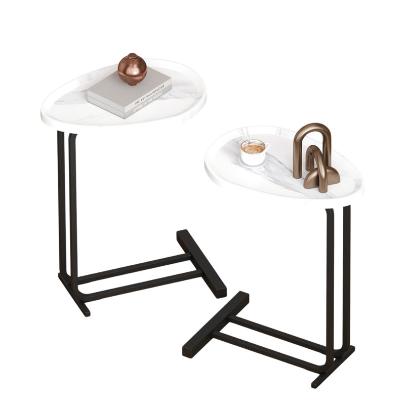 C Table End For Couch And Bedside, White Side With Metal Frame Slide, Functional Everyday Needs Tables, 2 +metal Slide Easily Better Utilization Of Space