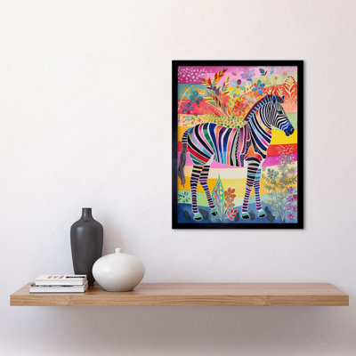 Zebra Rainbow Floral Abstract Folk Art Art Print Framed Poster Wall Decor 12x16 inch